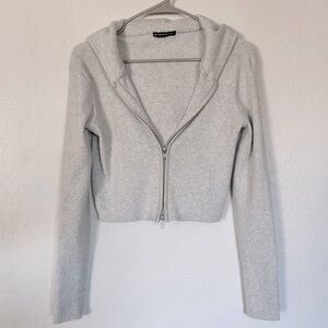 Brandy Melville Women's Cropped Ribbed Zip Up Hoodie, Heather Gray, OS